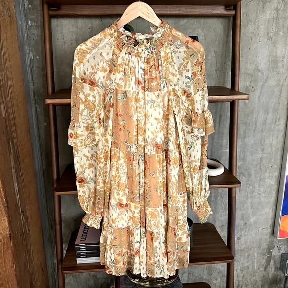 Sezane Estel Long Sleeve Printed Mini Dress Camel Patchwork - Picture 2 of 5